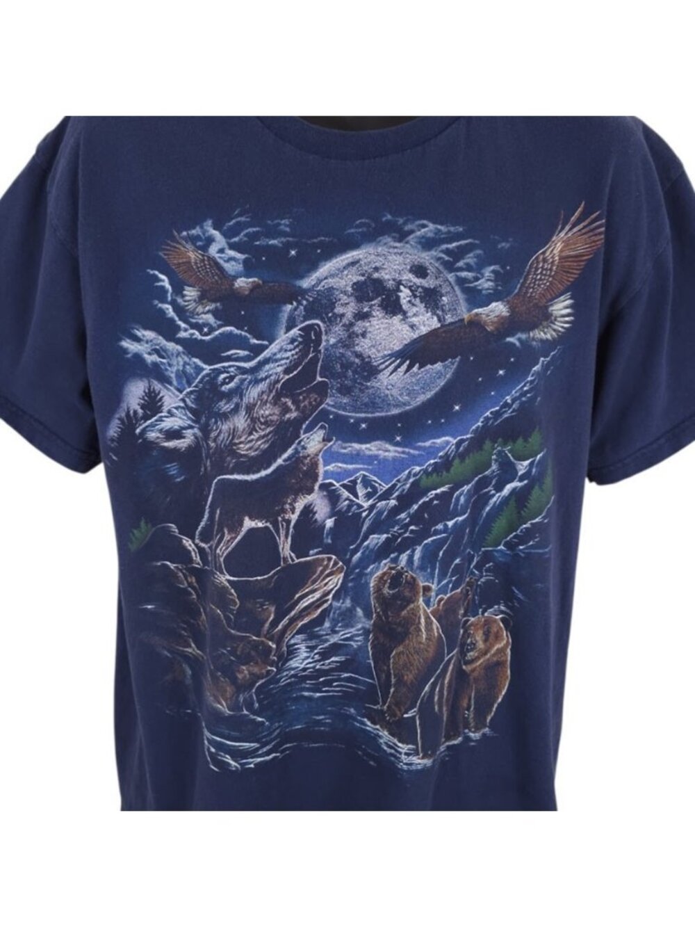 Howling Wolves T Shirt Mens Size Large Blue Bald Eagles Grizzly Bears Full Moon